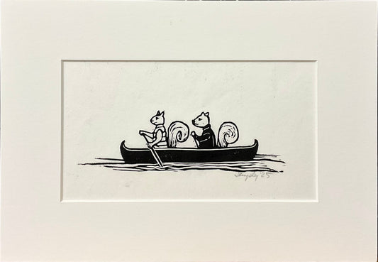 “Paddlers” Rubber Block Print with White Mat