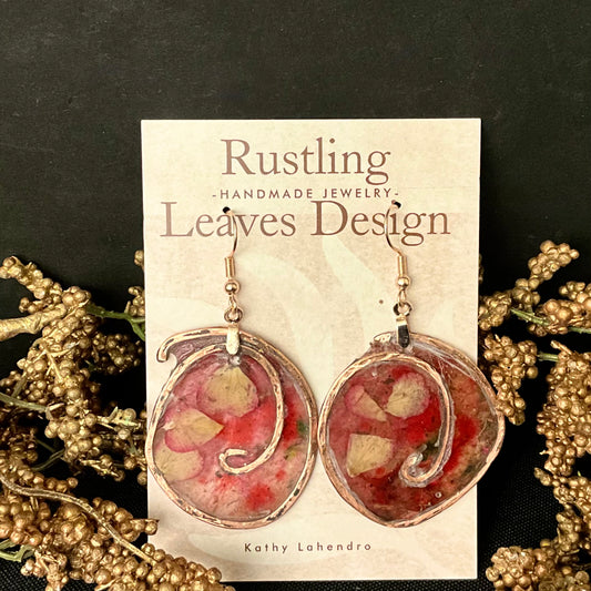 Asymmetrical Oval Earrings in Rose Reds with Copper Wire Edging