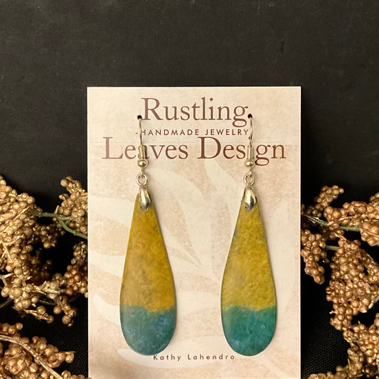Elongated Teardrop Earrings in Teal and Amber Yellow