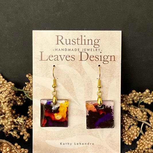 Square Resin Earrings in Deep Purples and Amber