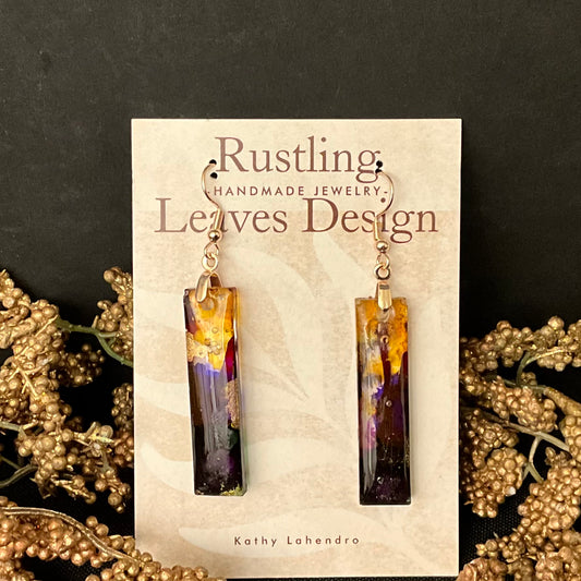 Thin Rectangle Resin Earrings in Deep Purples and Amber