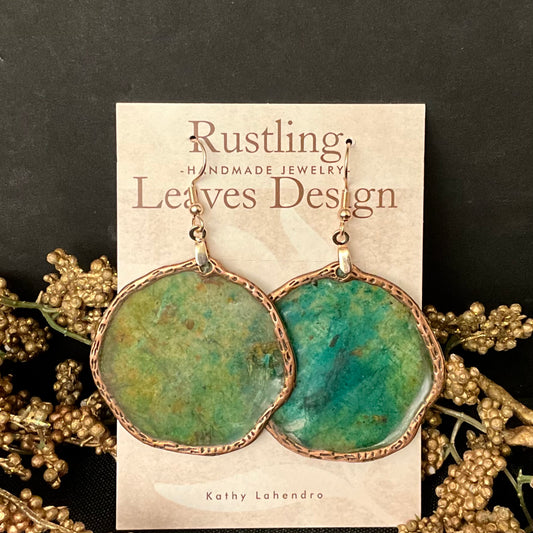 Asymmetrical Disc earrings in Greens with Copper Wire Edging