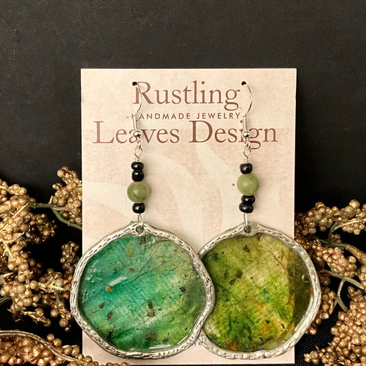 Asymmetrical Disc earrings in Greens with Wire Edging & Jade Beads