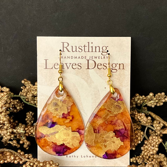 Large Teardrop Resin Earrings in Gold, Rusts and Purple