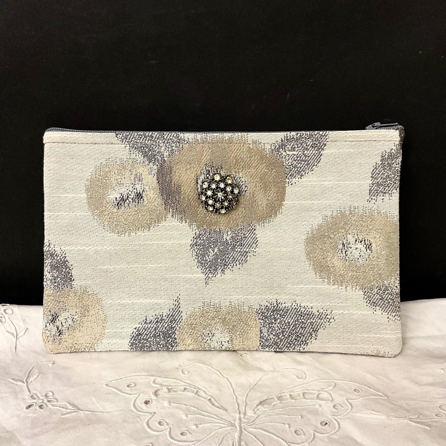 ZIpper Top Clutch Bag White, Gray & Muted Gold Tapestry