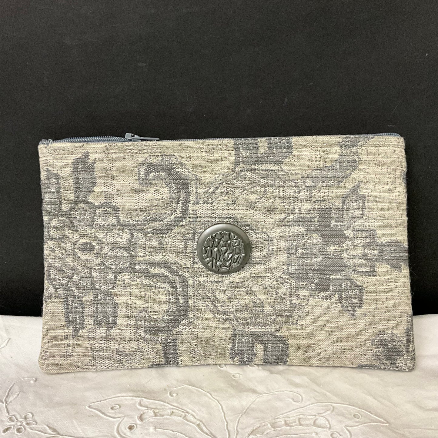 ZIpper Top Clutch Bag Gray on Gray Tapestry