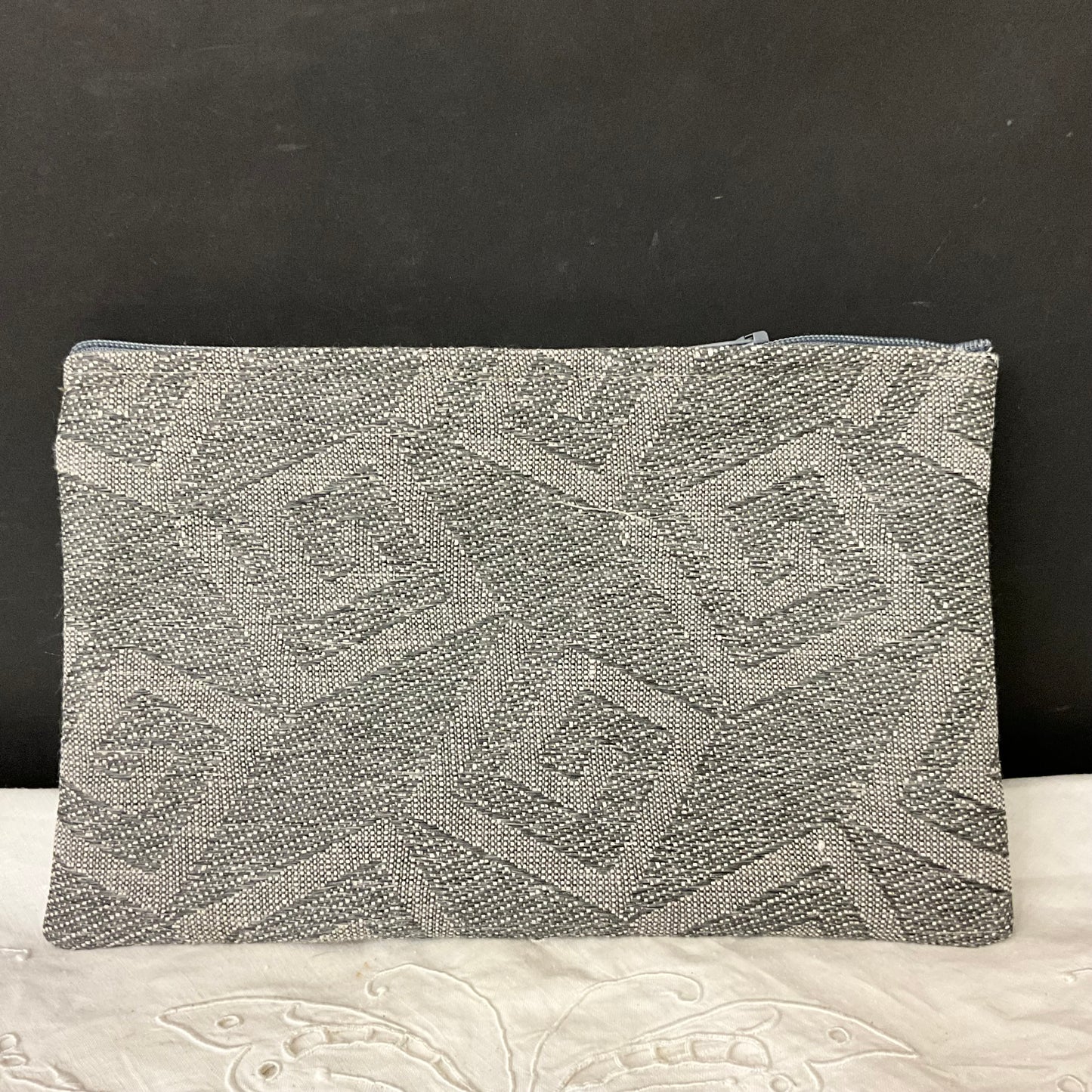 ZIpper Top Clutch Bag Gray on Gray Tapestry