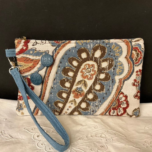 Wristlet - Blue Gray, Brown, Rust and White Tapestry