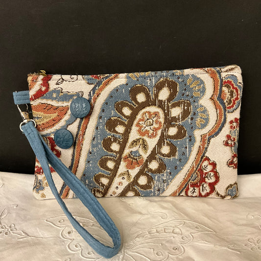 Wristlet - Blue Gray, Brown, Rust and White Tapestry