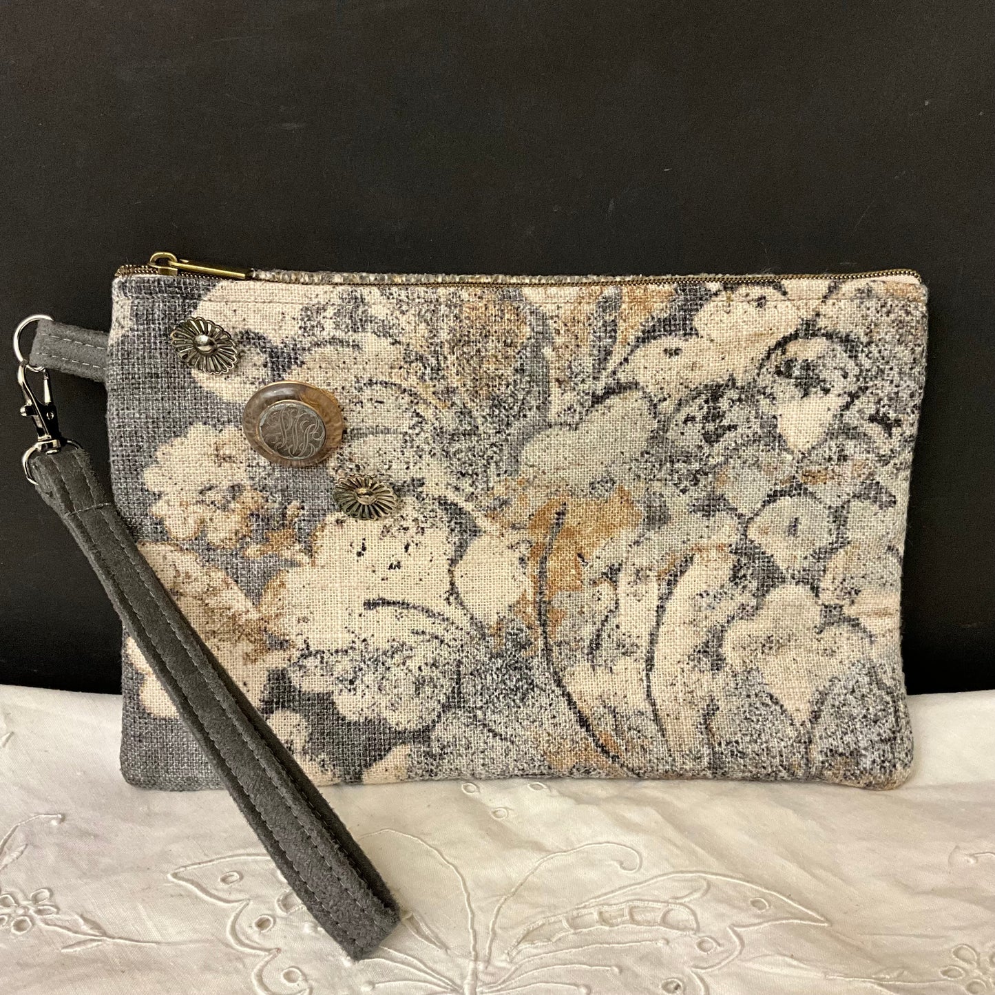 Wristlet - Grays, White and Beige Tapestry w Three Diagonal Buttons