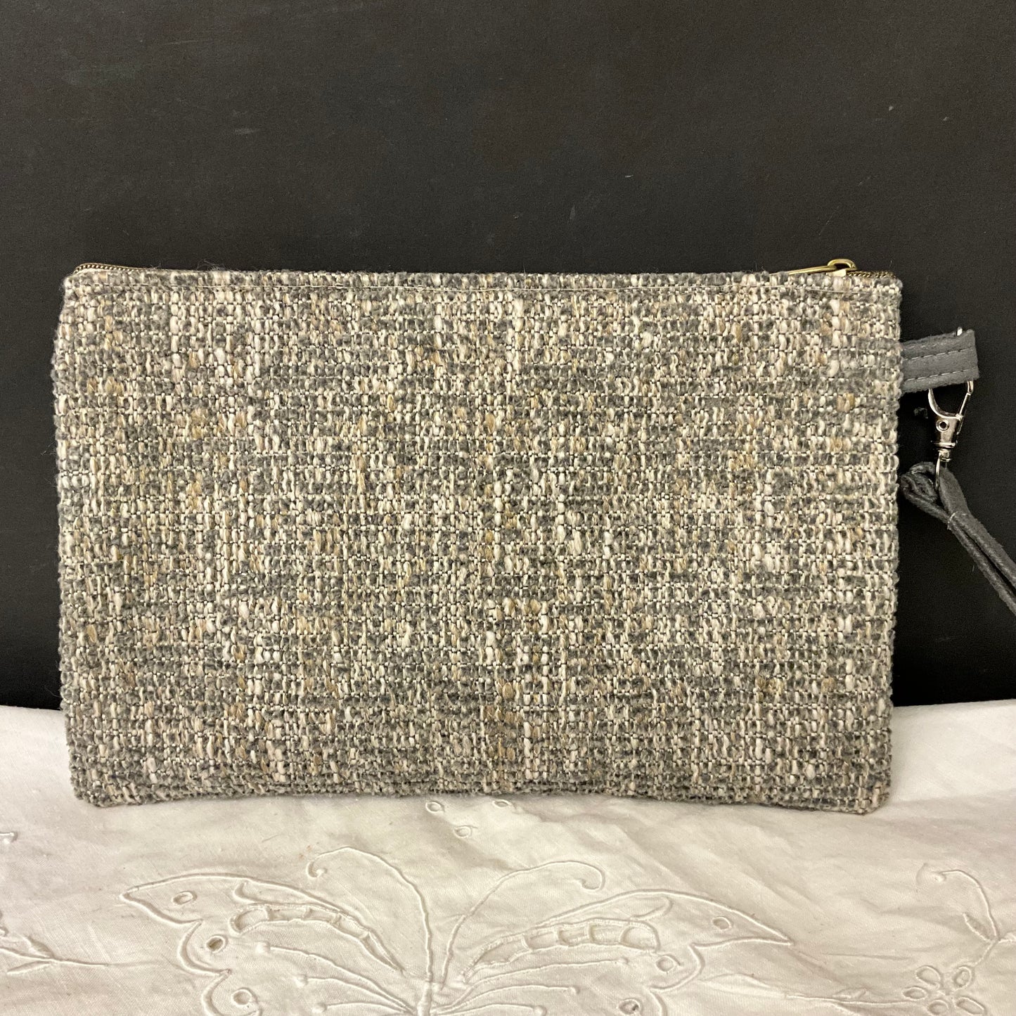 Wristlet - Grays, White and Beige Tapestry w Three Diagonal Buttons