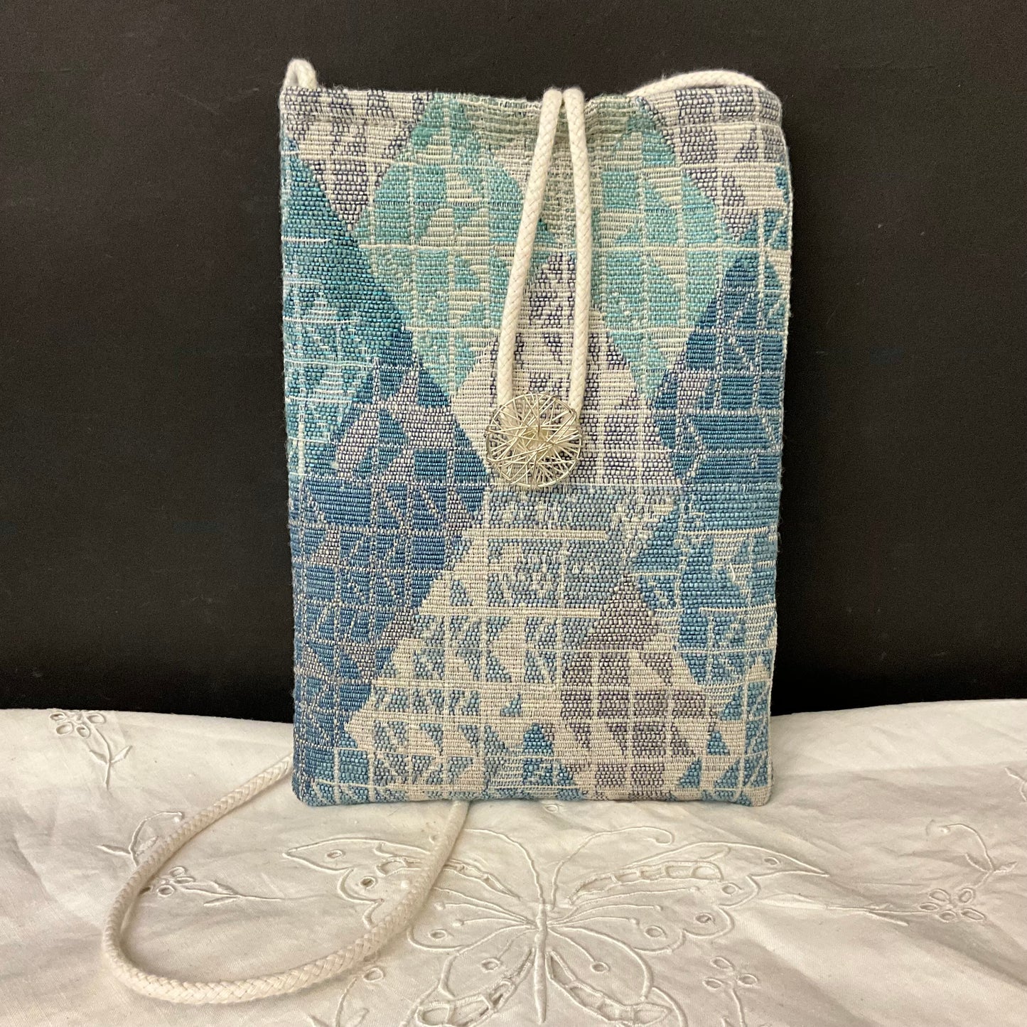 Small Crossbody Bag in Blues, White and Gray/Beige Geometric Design