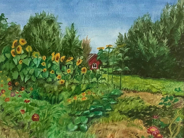 The Learning Garden at Trout and Heron Farm  Framed Watercolor