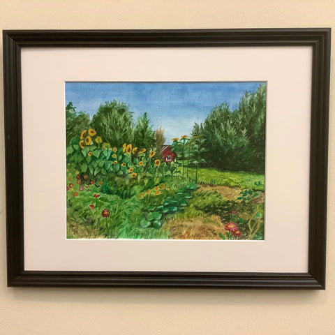 The Learning Garden at Trout and Heron Farm  Framed Watercolor
