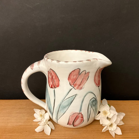 Small White Pitcher with Pink Tulips
