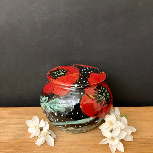 Petite Ginger Jar Black with Red Poppies