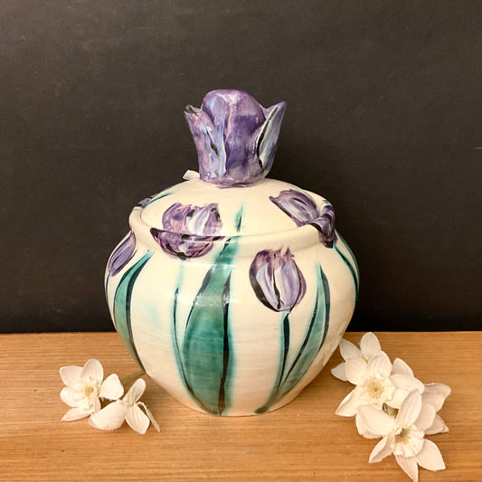White Ginger Jar with Purple Tulips and Tulip Finial