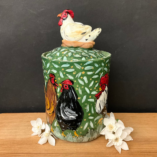 Tall Lidded Jar Green with Roosters, Hens and Hen Finial