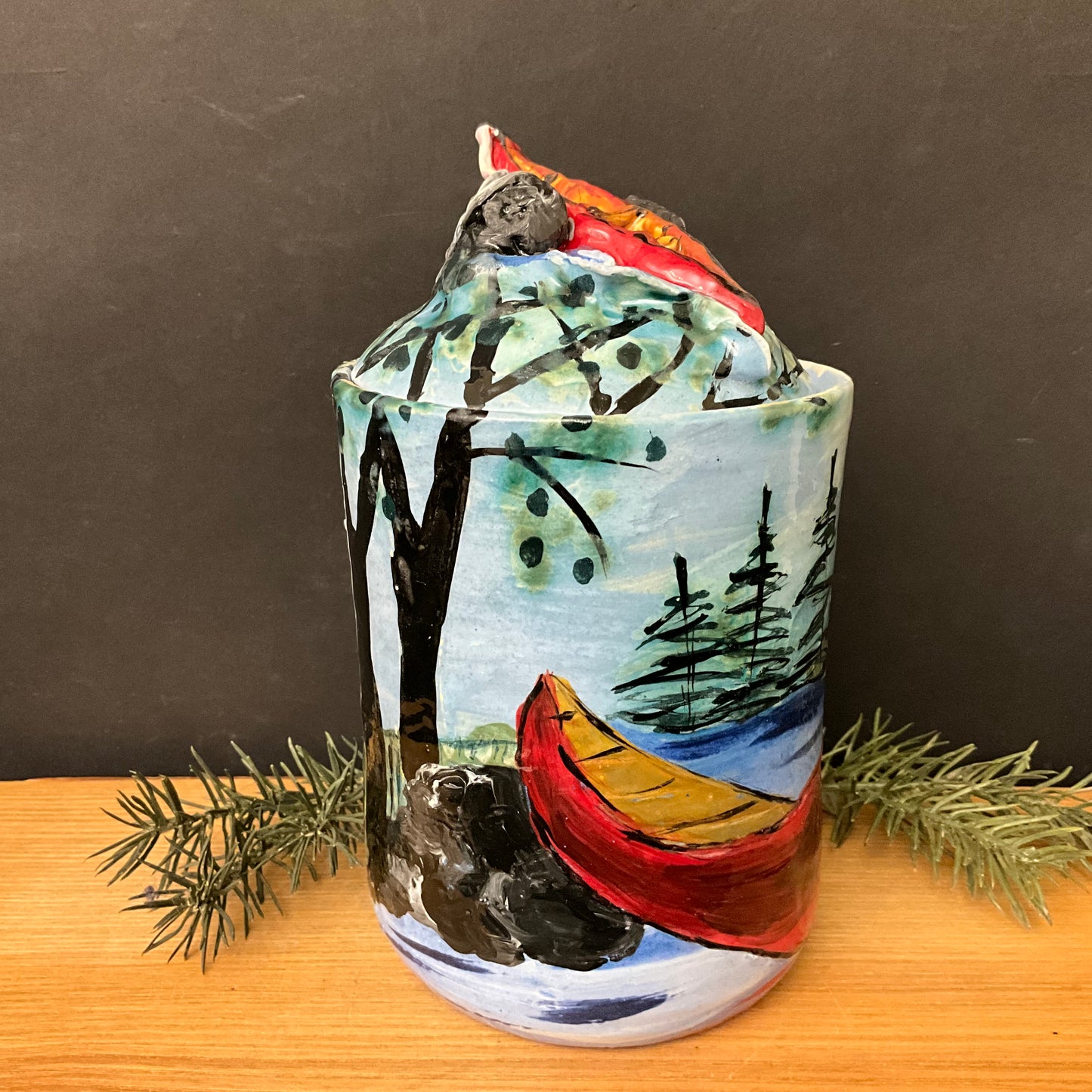 Tall Lidded Jar with Red Canoe Finial