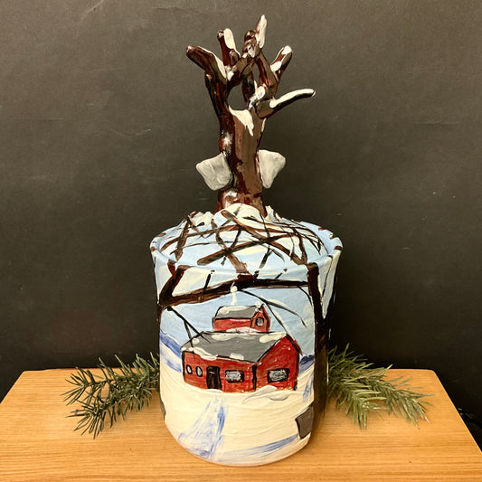 Tall Lidded Jar - Maple Sugaring with Tree Finial