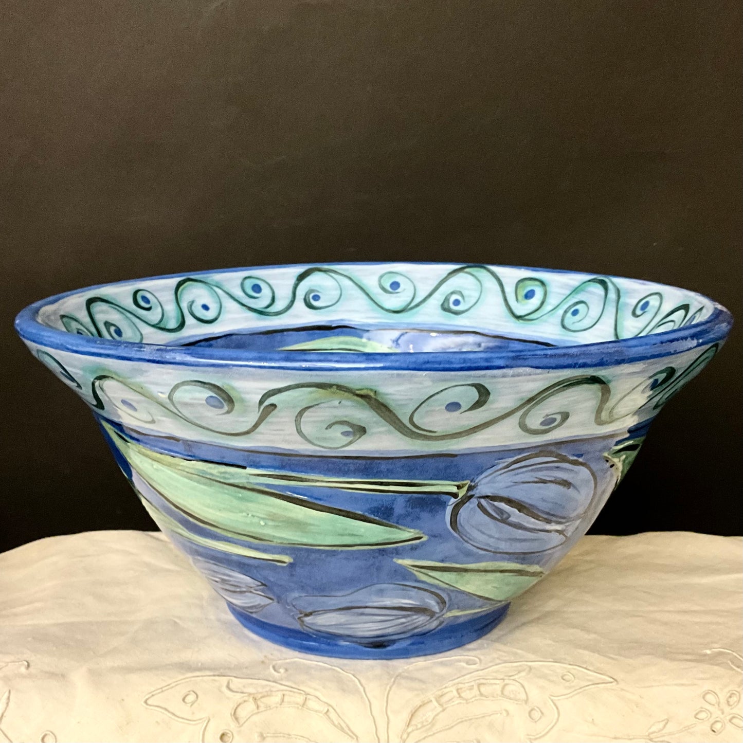 Large Deep Brilliant Blue Bowl with Blue Tulips