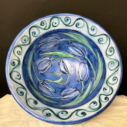 Large Deep Brilliant Blue Bowl with Blue Tulips