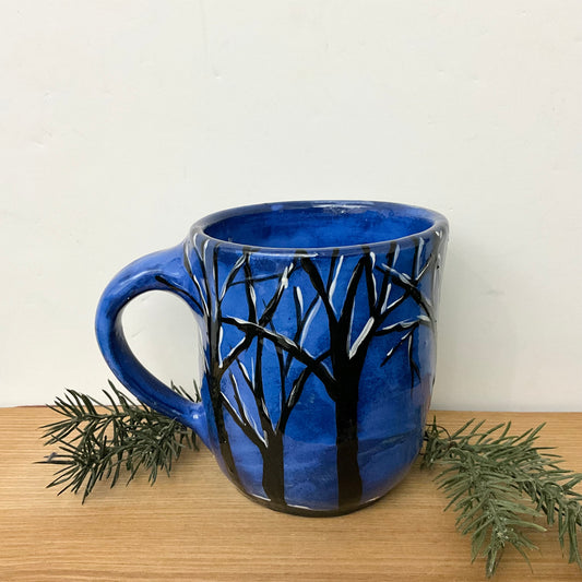 Mug with Winter Trees on Dark Blue Background