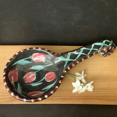 Spoon Rest in Black with Tulips