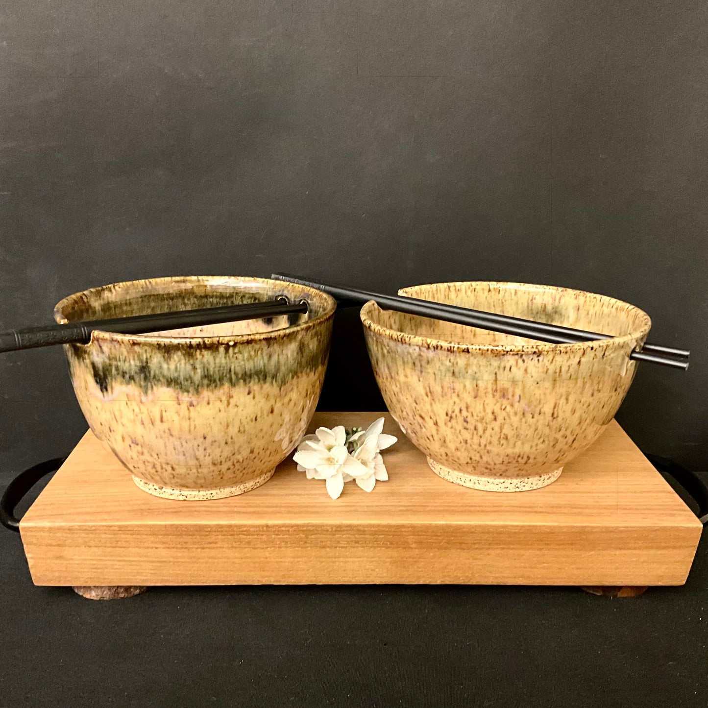 Set of Two Rice Bowls in Gold with Dark Rim w/ Chopsticks