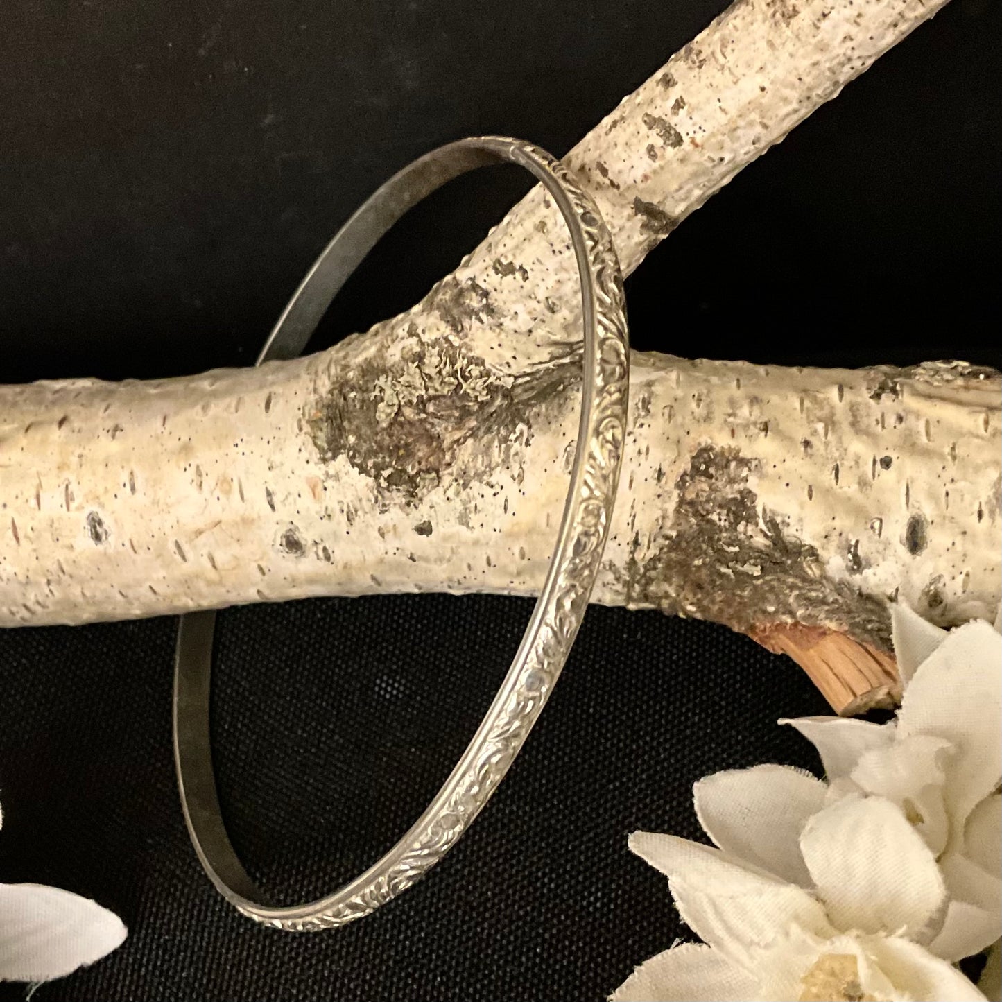 Silver Floral Pattern Bangle Bracelet Narrow