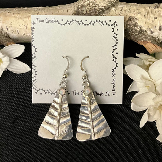 Silver Tree Drop Earrings with Opal 1" L