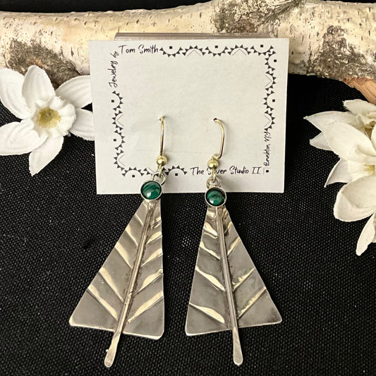 Silver Tree Drop Earrings with Green Onyx 1.5" L