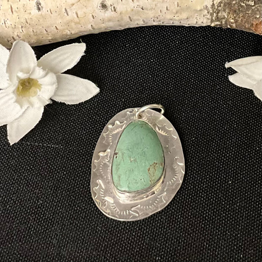 Asymmetrical Silver Pendant with African Turquoise and Ornate Border