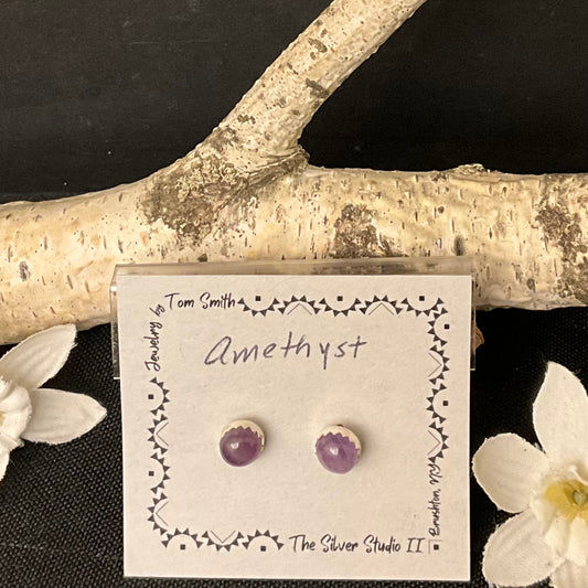 6mm Silver Post Earrings Amethyst