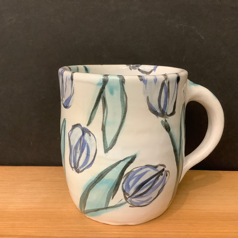 Mug White with Light Blue “Watercolor Look” Tulips, Roxanne Locy