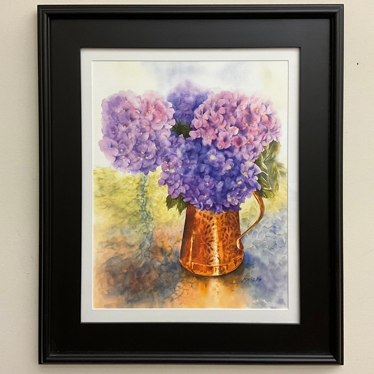 "Hydrangea in Copper Pitcher”, Framed Print of Original Watercolor
