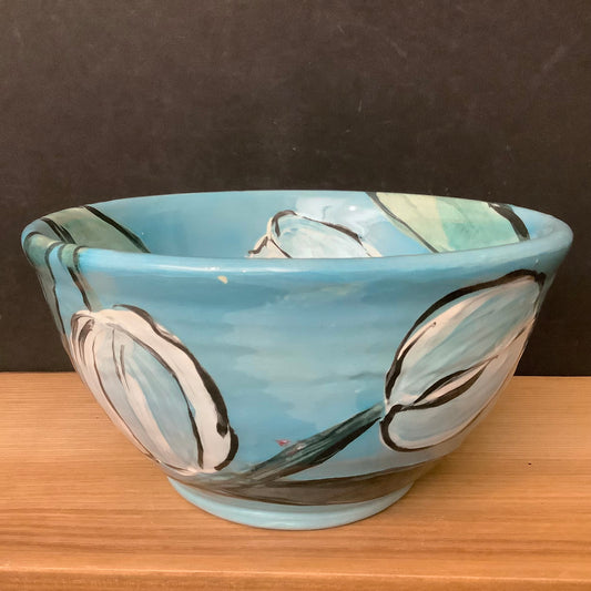 Small Bowl Dark Aqua with White Tulips