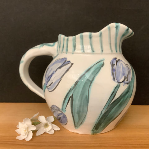 Small White Pitcher with Light Blue Tulips