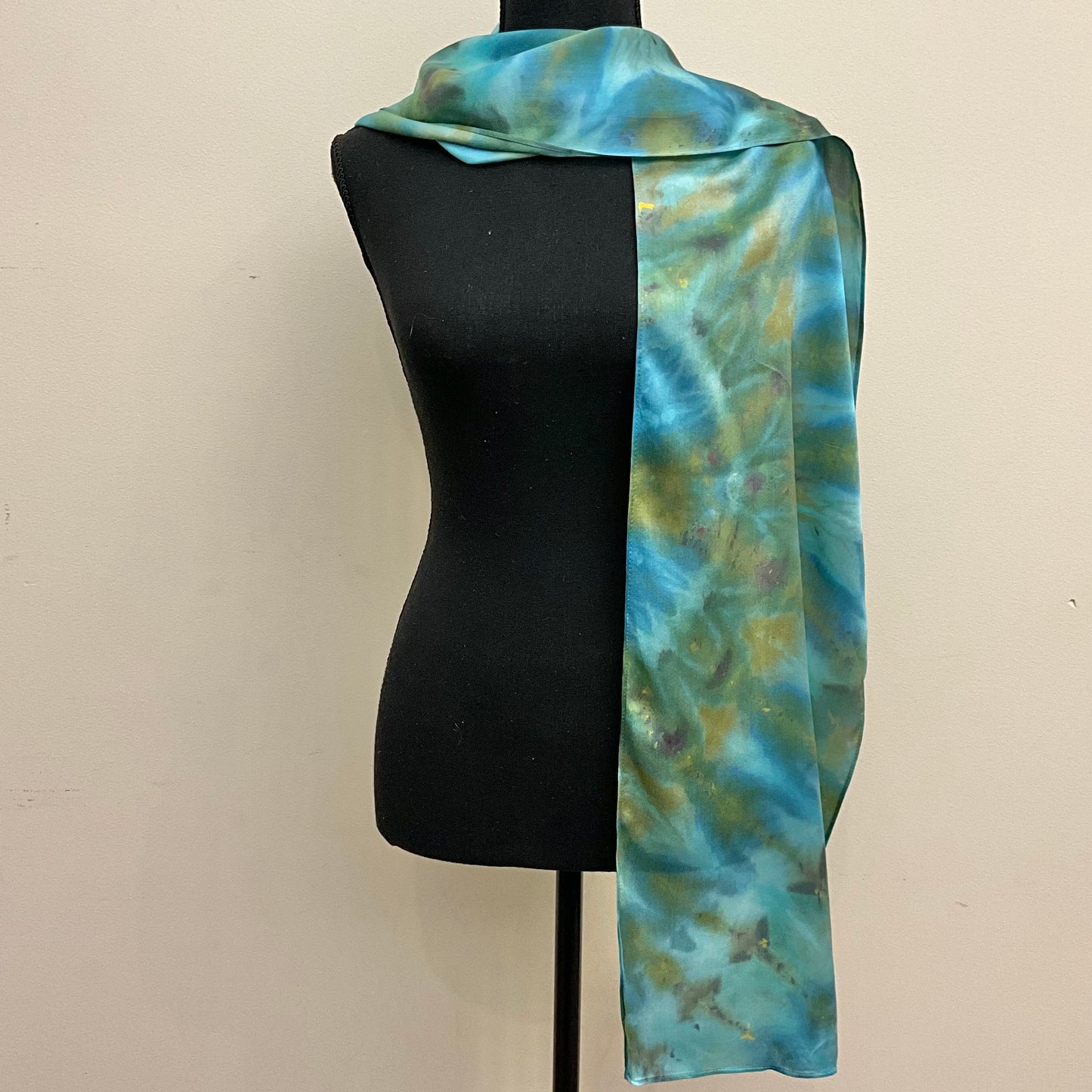 large Ice Dyed Silk Satin Scarf - Turquoise Colorway