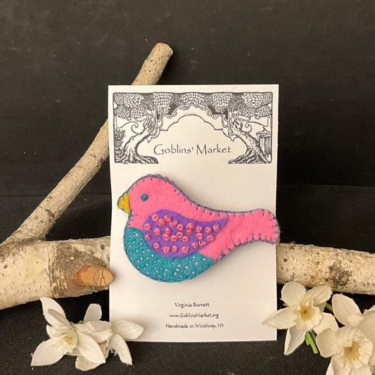 Bird Felt Pin in Purple, Turquoise and Pink