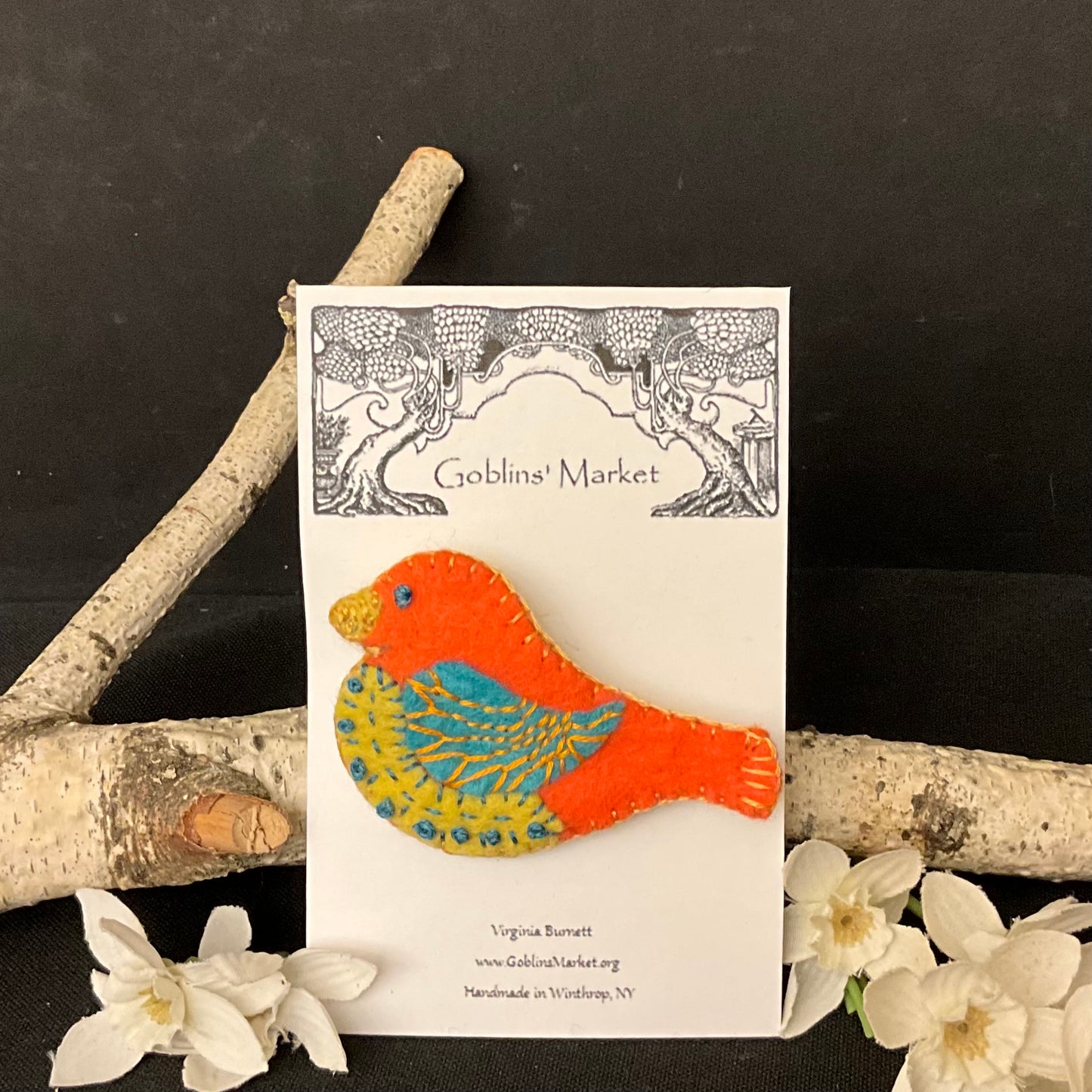 Bird Felt Pin in Orange Turquoise and Sunflower Yellow
