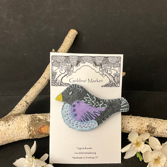 Bird Felt Pin in Gray, Pale Blue and Lavender