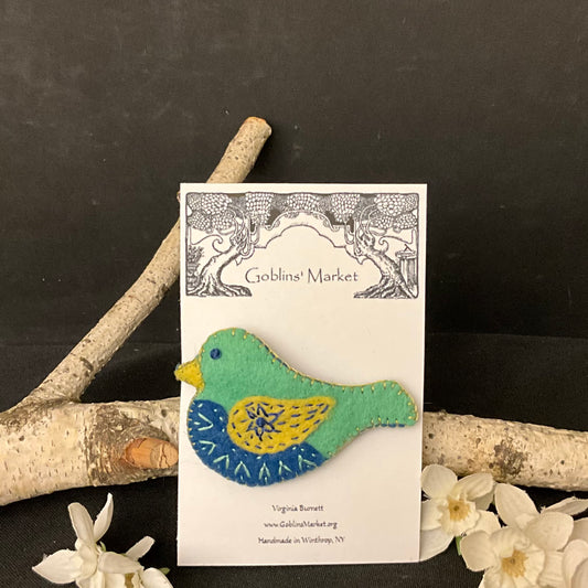 Bird Felt Pin in Light Green, Blue and Yellow