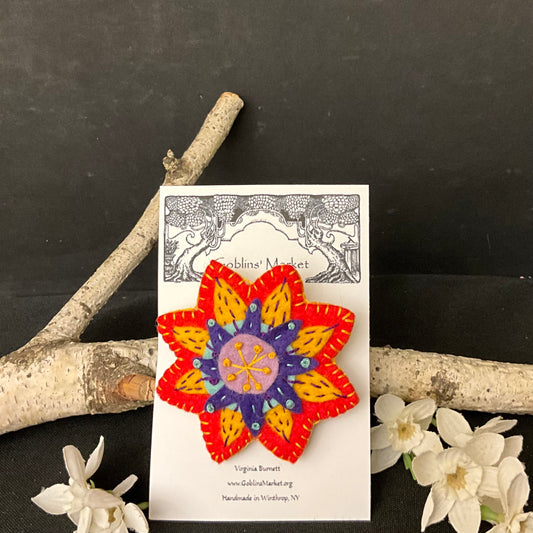Floral Felt Pin in Tomato Red, Orange, Purple and Aqua