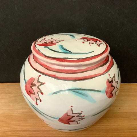 White Ginger Jar with Pink & Red Flowers