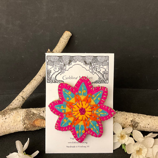 Floral Felt Pin in Fuchsia, Turquoise, Orange and Gold