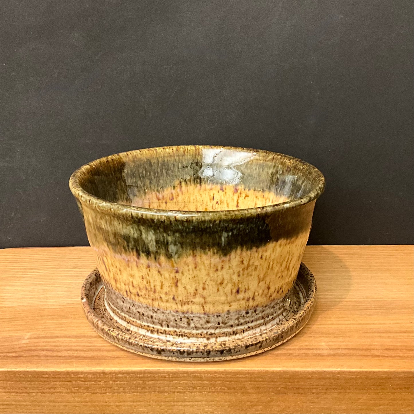 Gold and Brown Planter with Attached Saucer