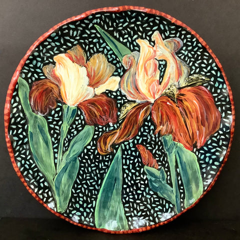 Large Round Platter with Orange Bearded Irises