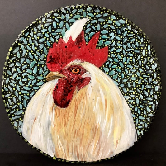 Round Platter with White Rooster