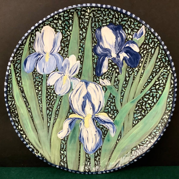 Large Round Platter with Blue Irises